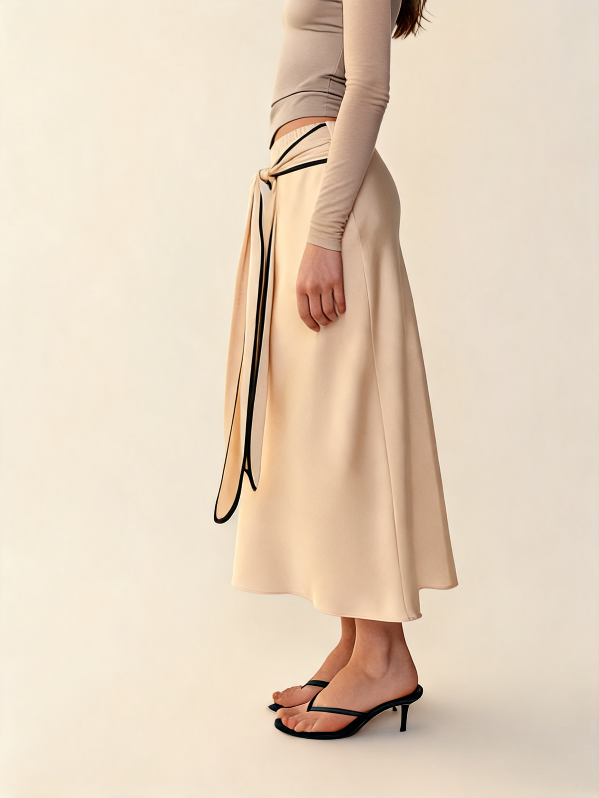 Ecru Satin Midi Skirt with Bow Detail