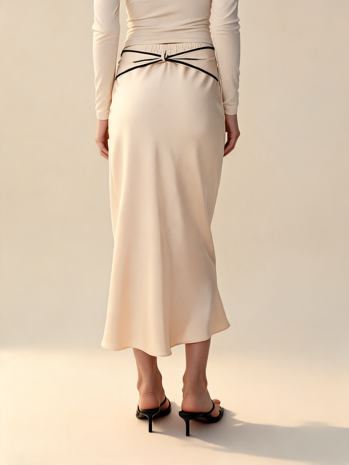 Ecru Satin Midi Skirt with Bow Detail