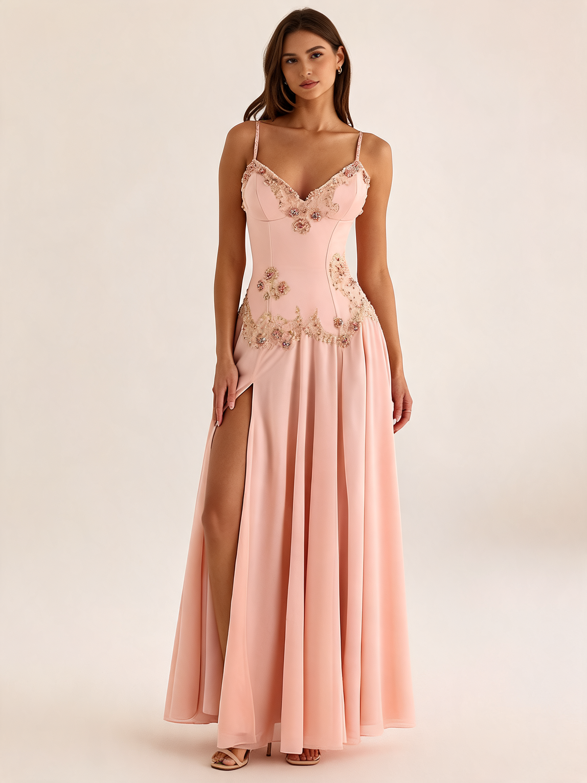 Blush Beaded Satin Maxi Dress Side Split