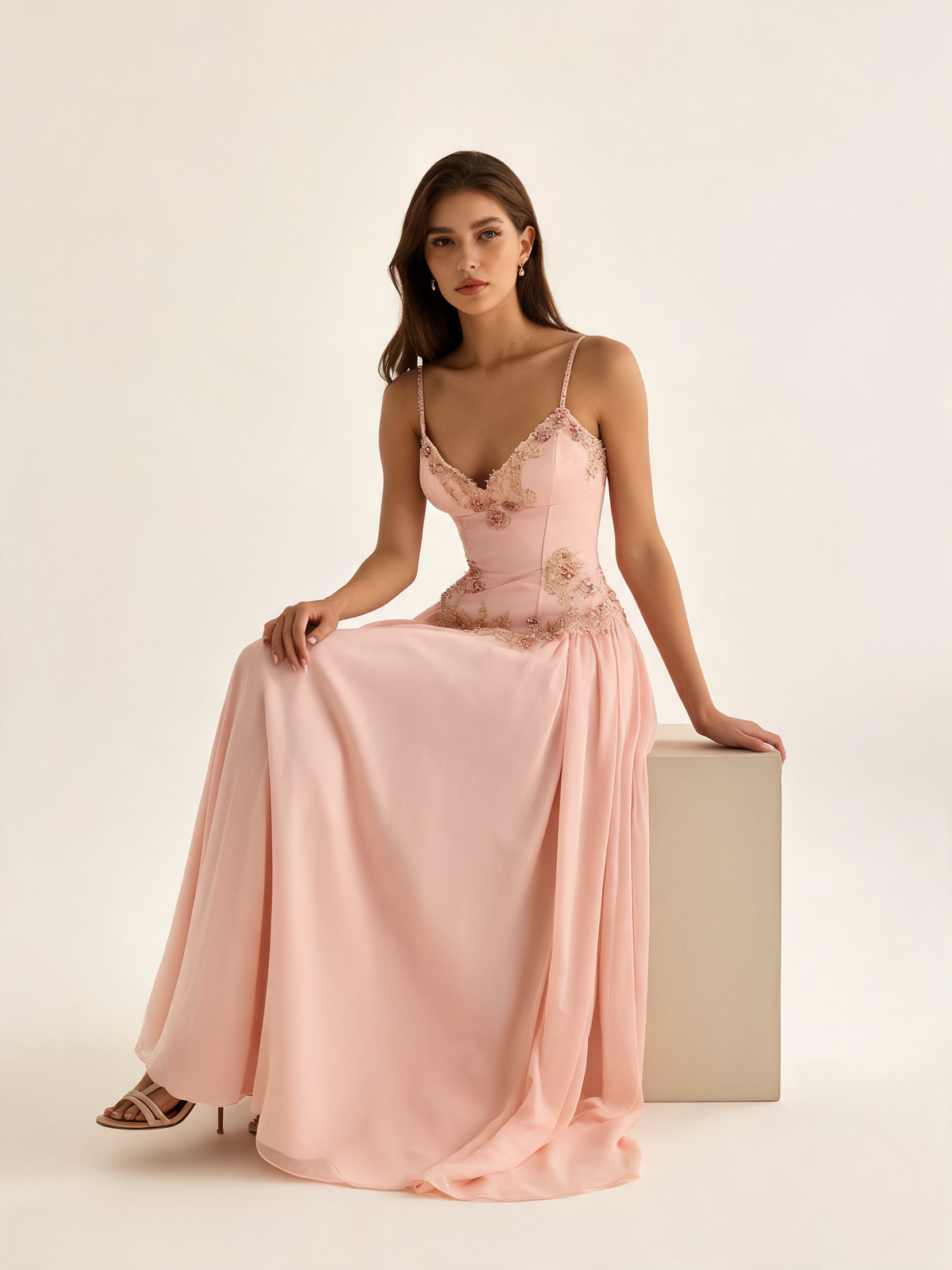 Blush Beaded Satin Maxi Dress Side Split
