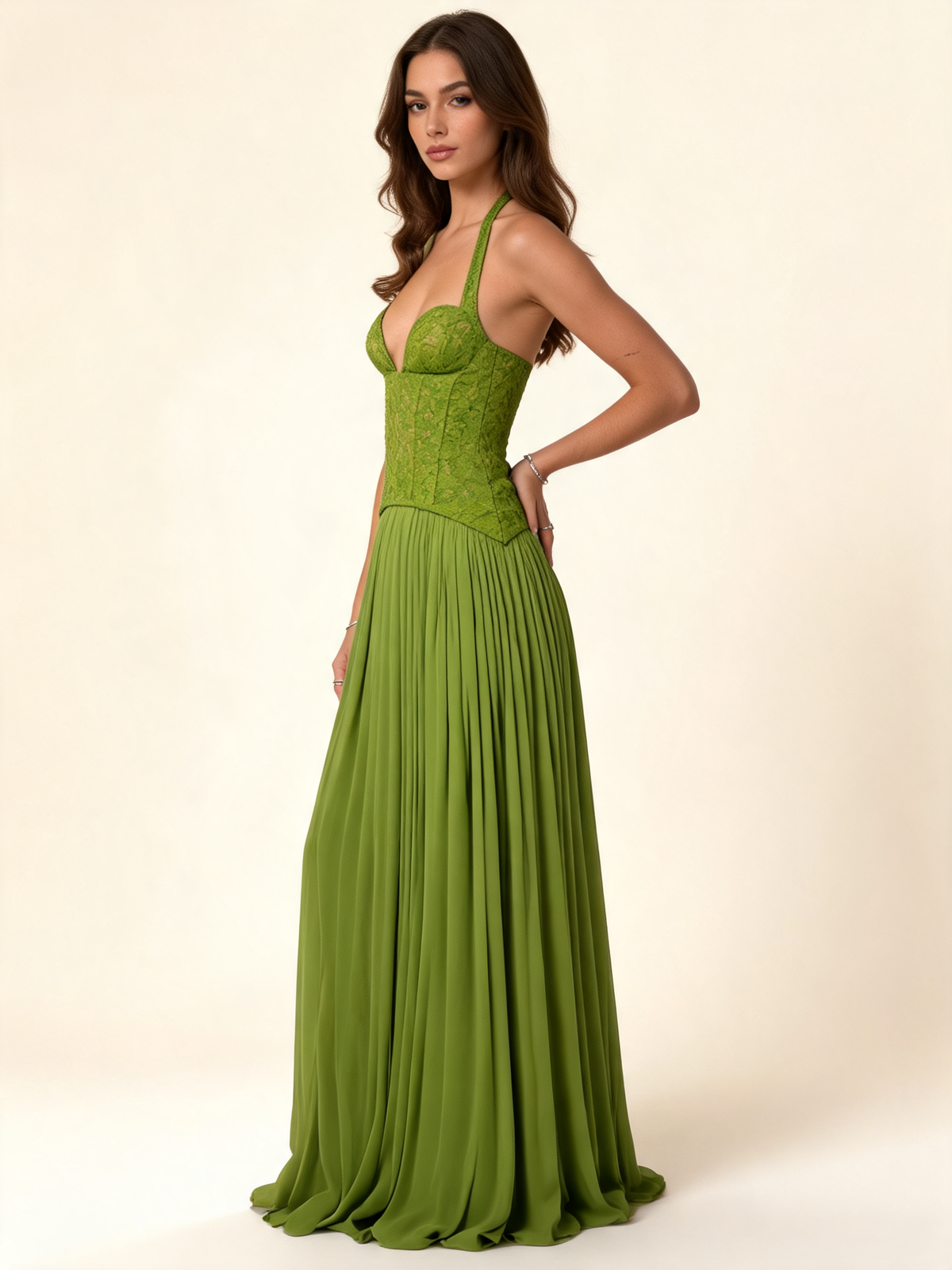 Olive Green Lace Corset Maxi Dress
