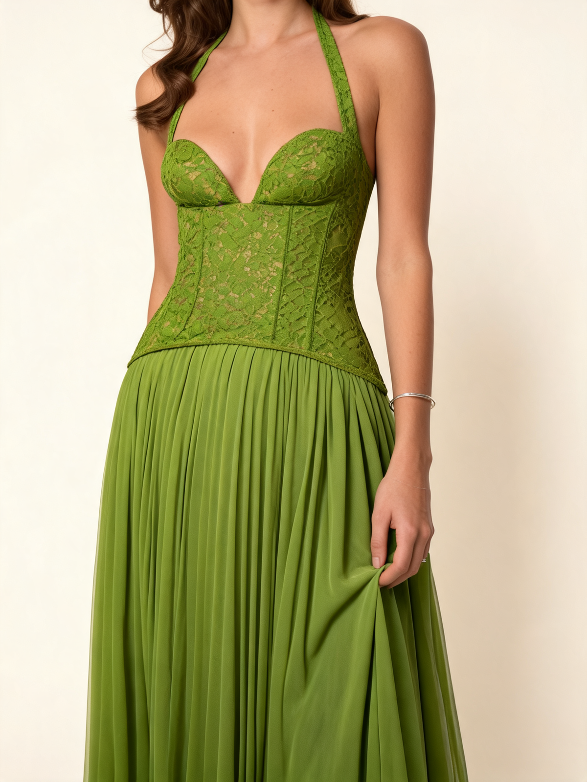 Olive Green Lace Corset Maxi Dress