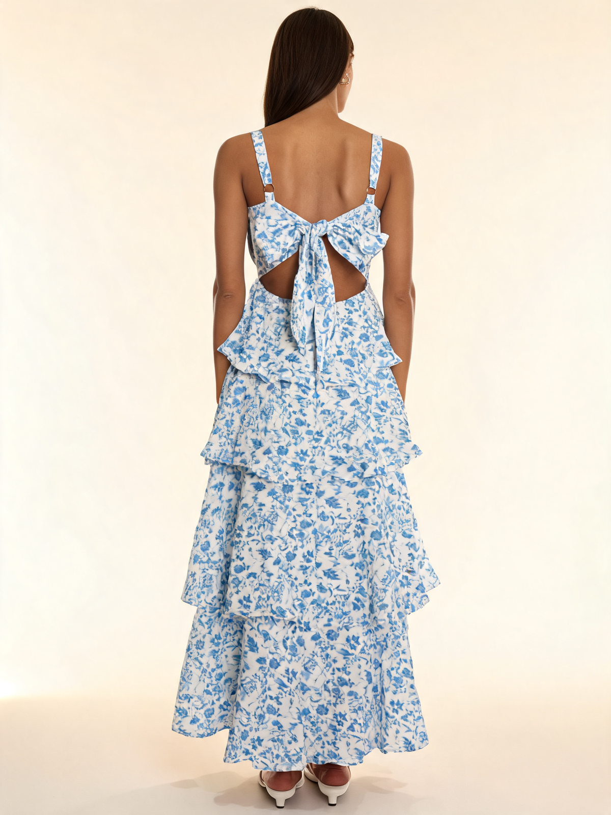 Blue Floral Tiered Midi Dress Tie-Back