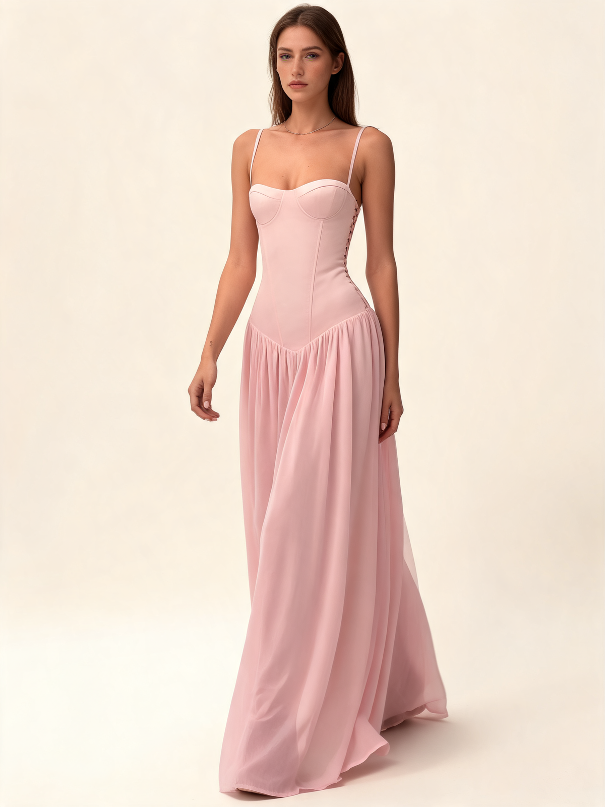 Pink Corset Maxi Dress With Scarf