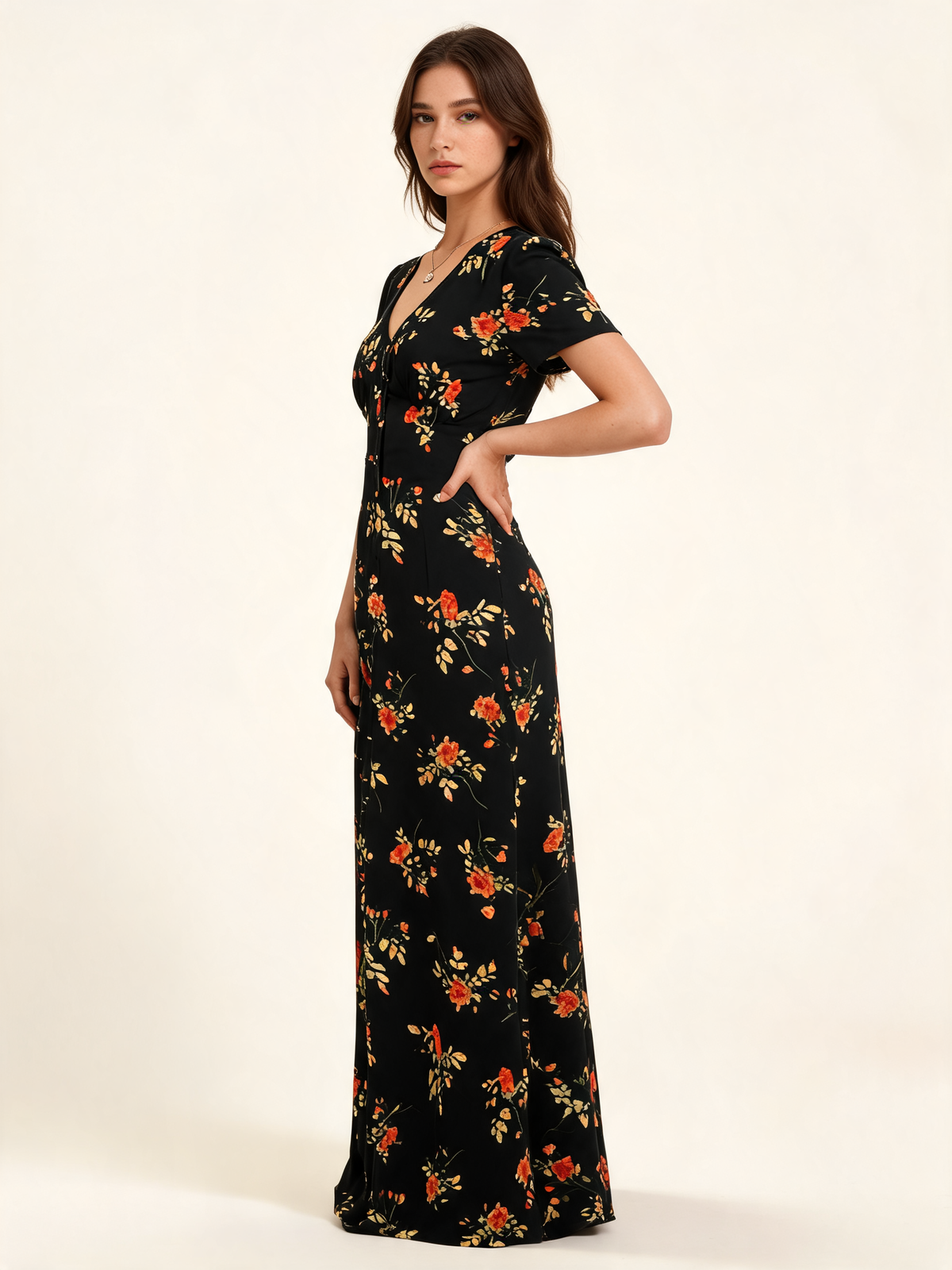 Black Floral V-Neck Short Sleeve Maxi Dress