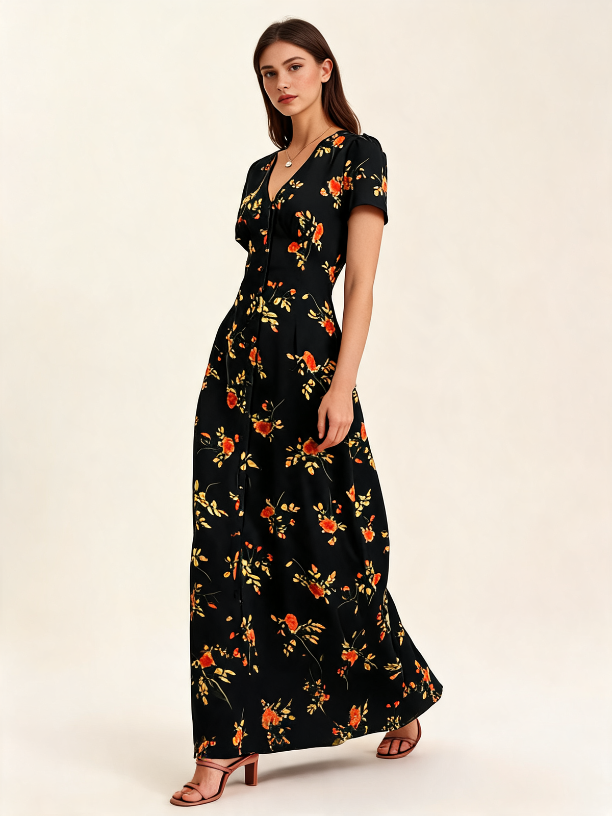 Black Floral V-Neck Short Sleeve Maxi Dress