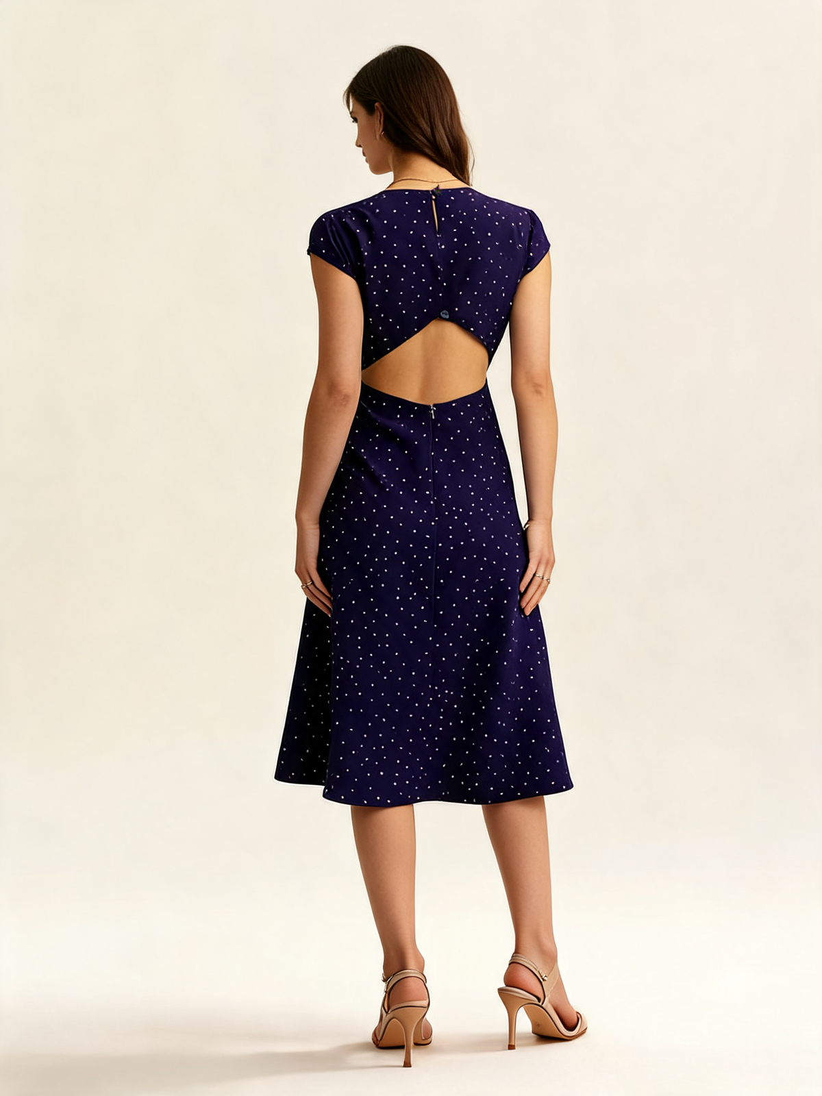 Navy Polka Dot Cutout Midi Dress