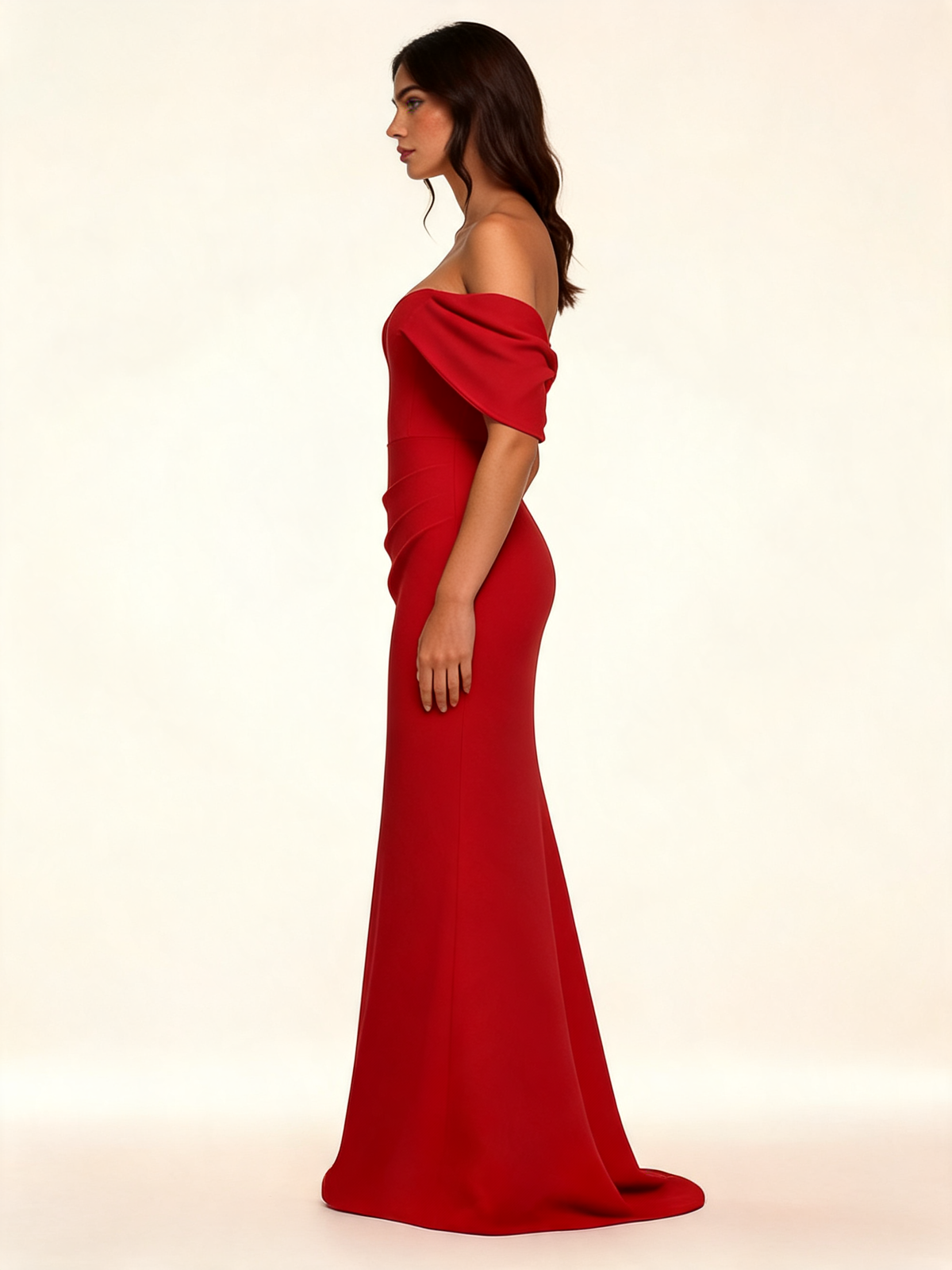 Red Off-Shoulder Draped Sleeve Maxi Dress