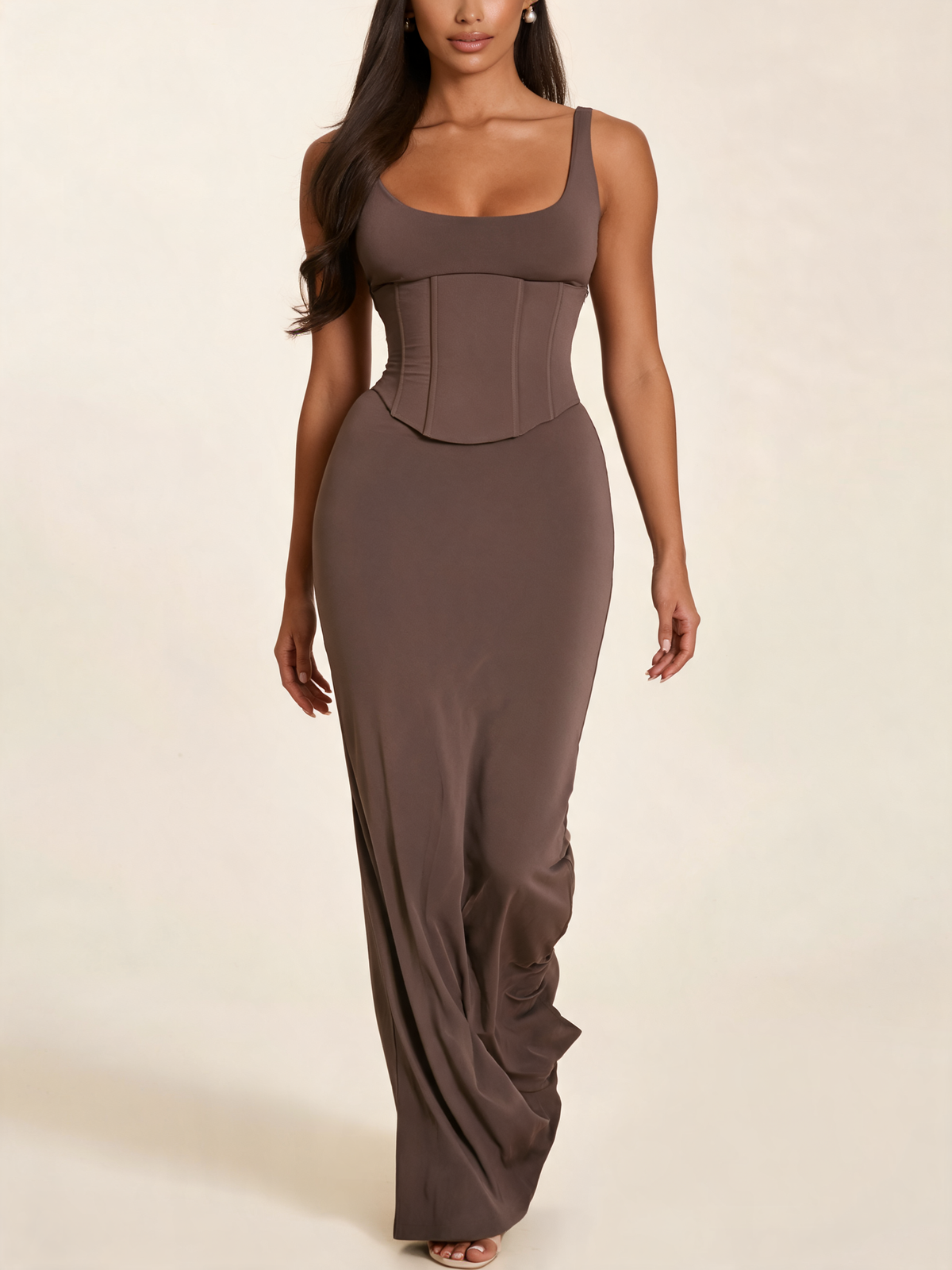 Brown Scoop Corset Maxi Dress