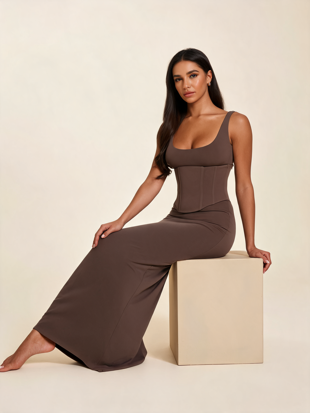 Brown Scoop Corset Maxi Dress