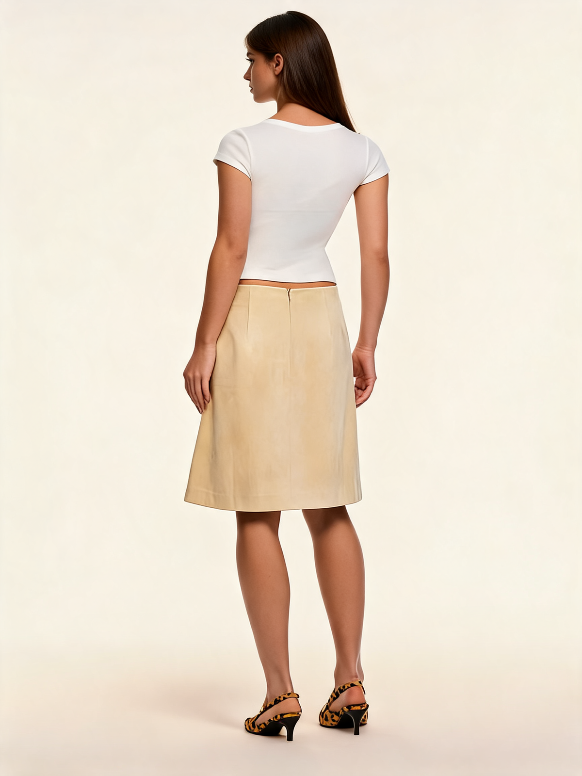 Beige Suede A-Line Midi Skirt