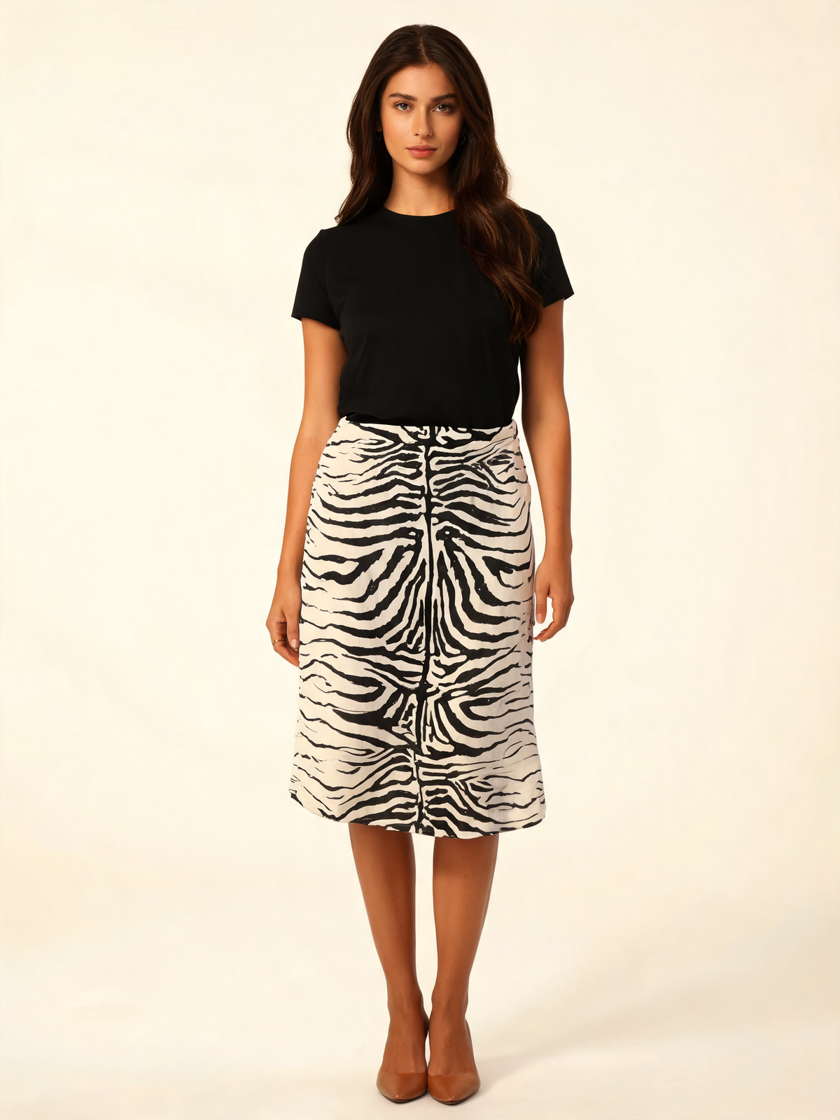 Zebra Print Ruched Midi Skirt
