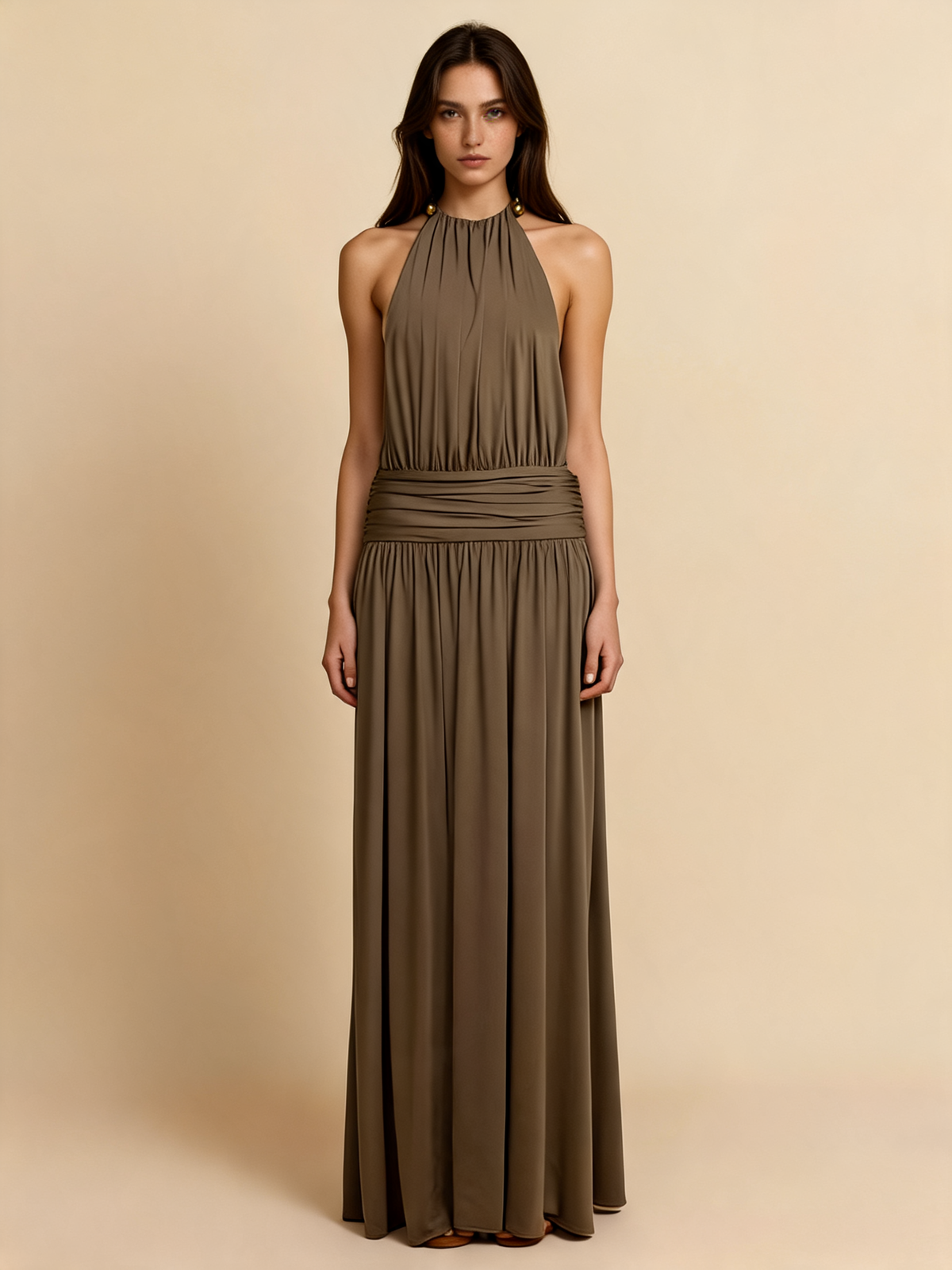 Khaki Halter Draped Maxi Dress