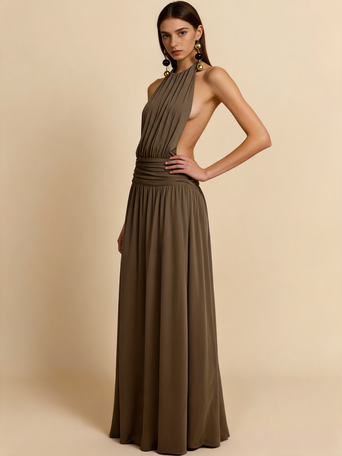 Khaki Halter Draped Maxi Dress