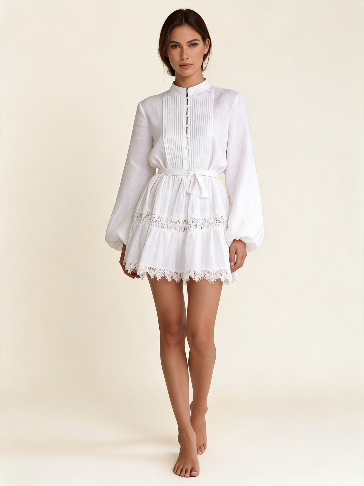 White Lace Trim Linen Mini Dress