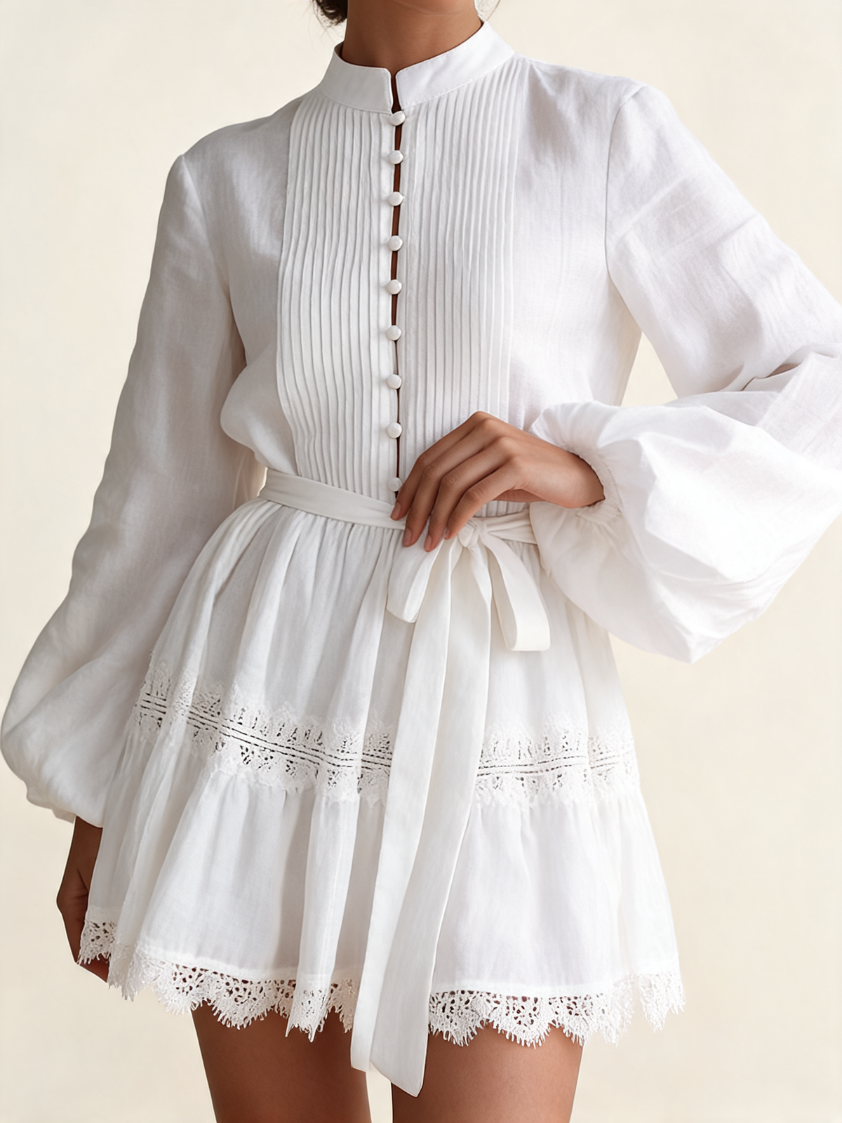 White Lace Trim Linen Mini Dress