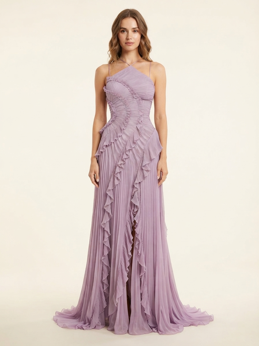 Pleated Halter Neck Ruffle Maxi Dress