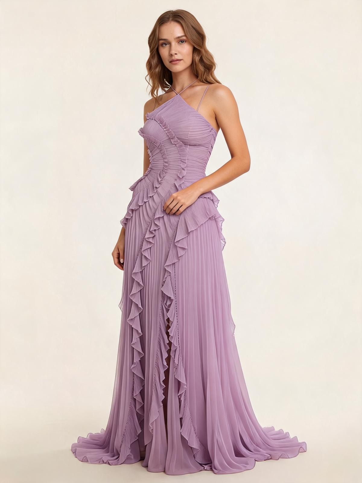 Pleated Halter Neck Ruffle Maxi Dress