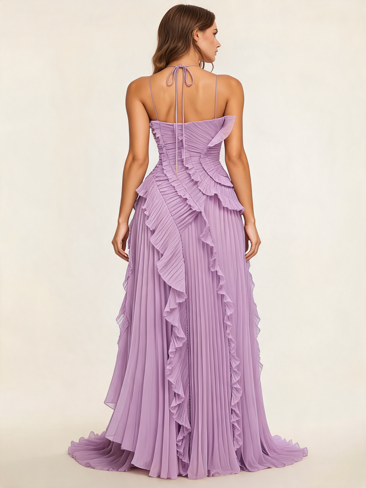 Pleated Halter Neck Ruffle Maxi Dress