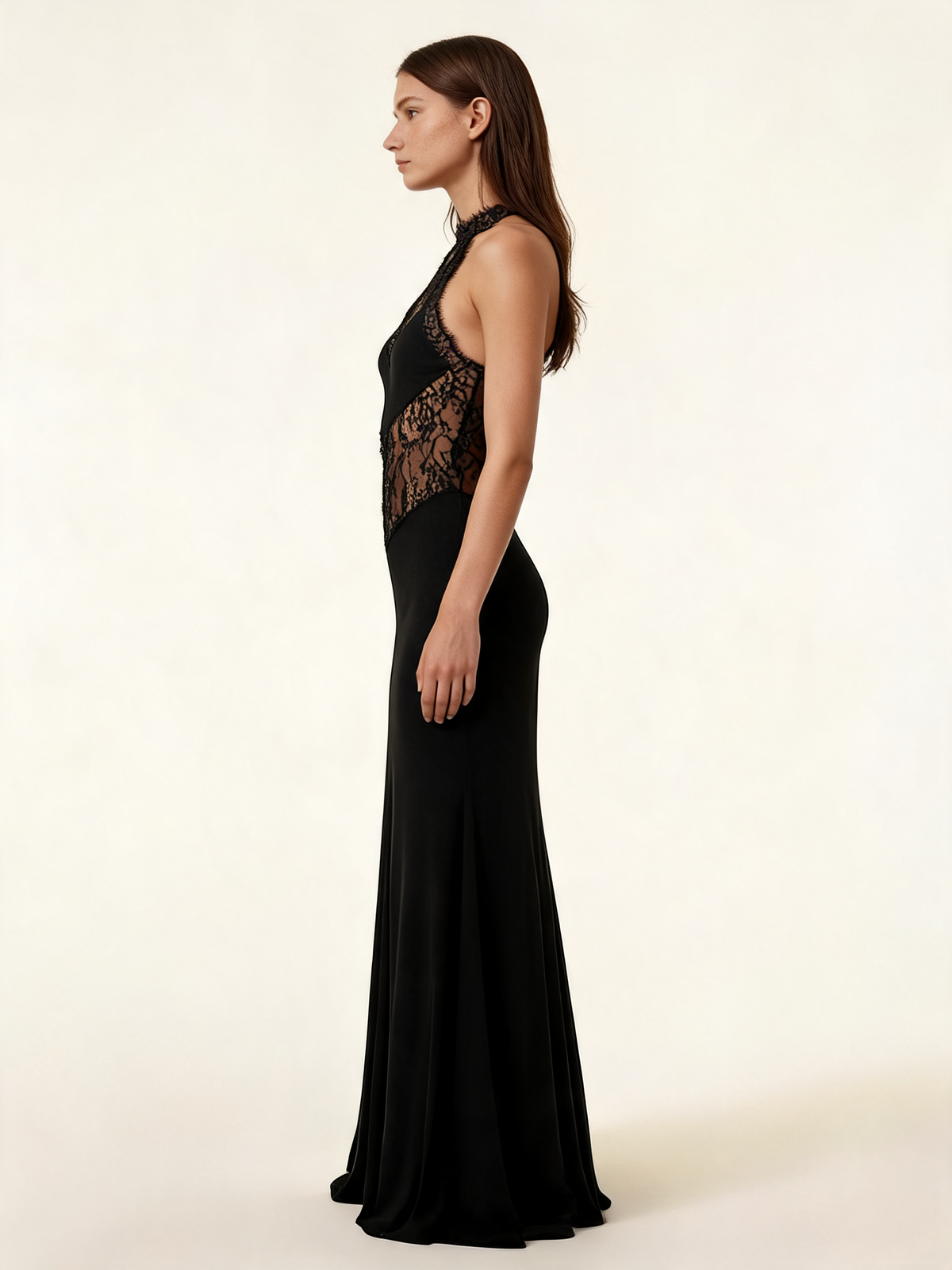 Black Lace Halter Flared Maxi Dress