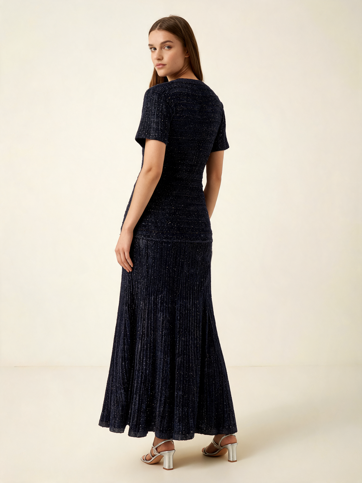 Blue Glitter Rhinestone Midi Shirt Dress