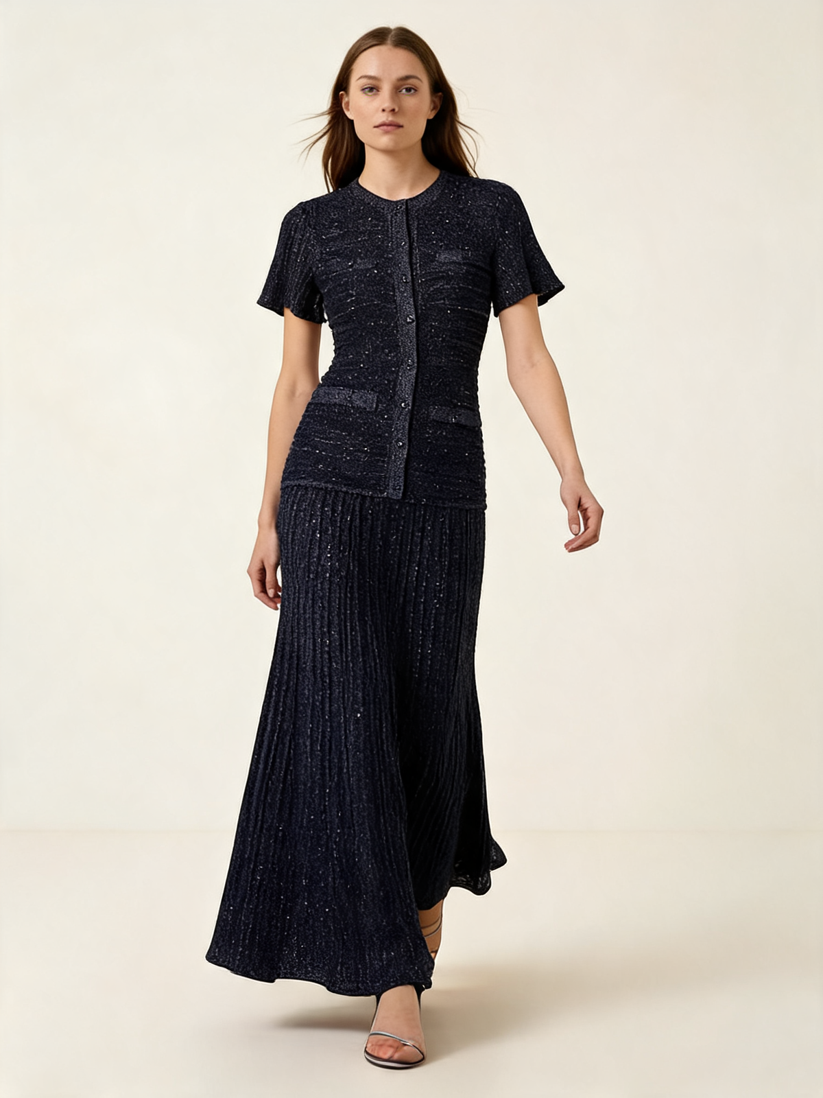 Blue Glitter Rhinestone Midi Shirt Dress
