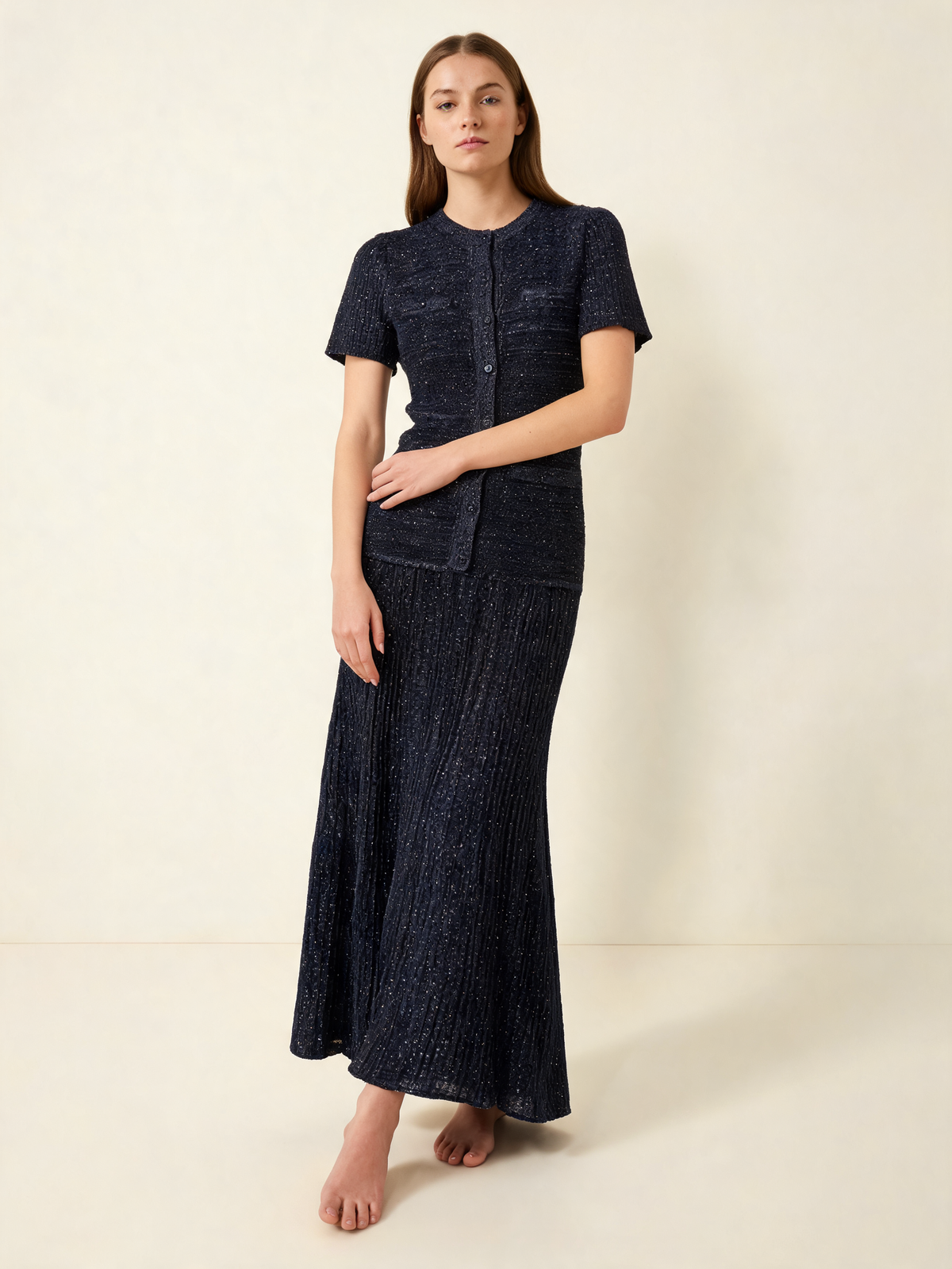 Blue Glitter Rhinestone Midi Shirt Dress