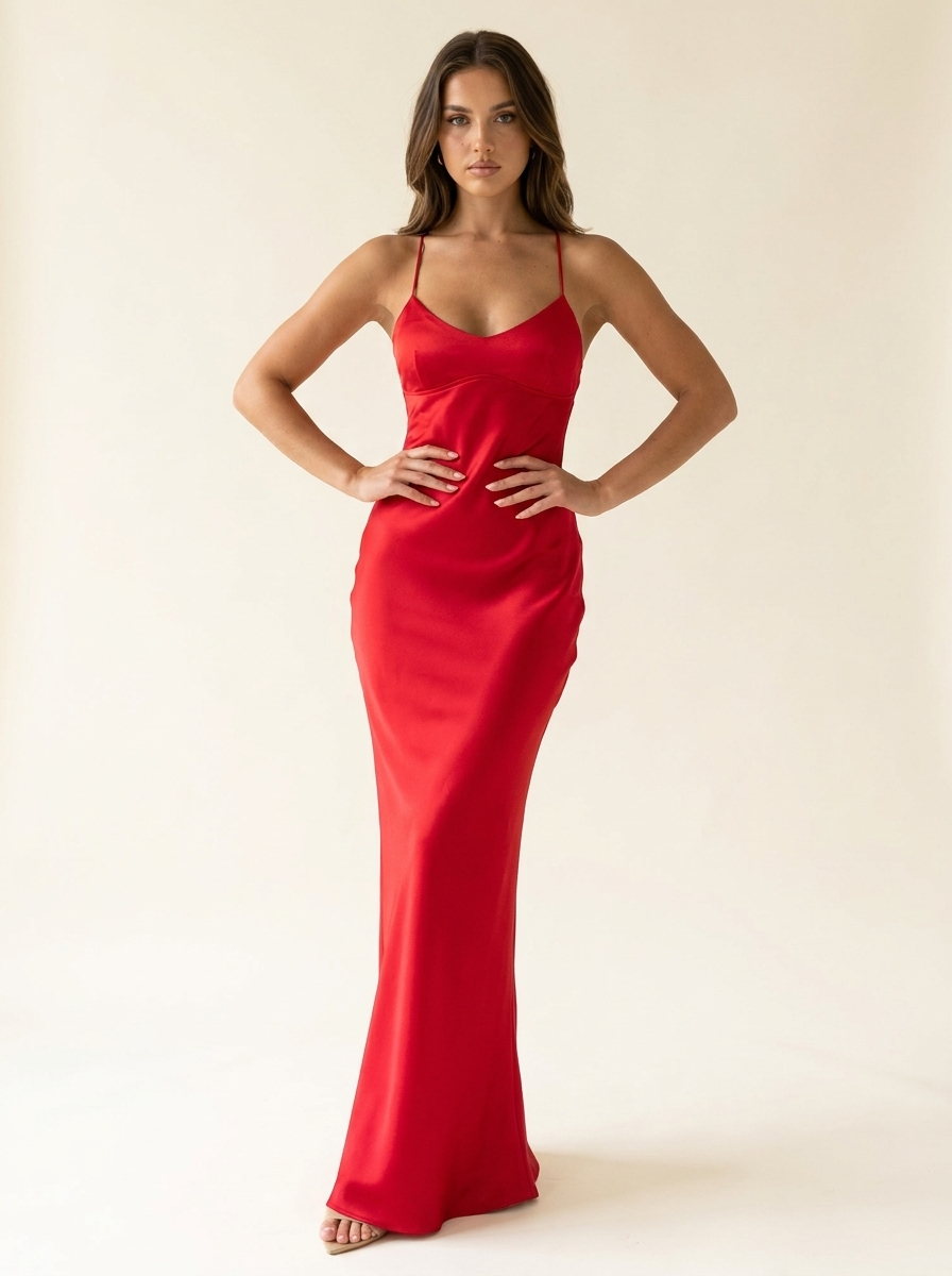 Red Satin Cross Back Maxi Dress