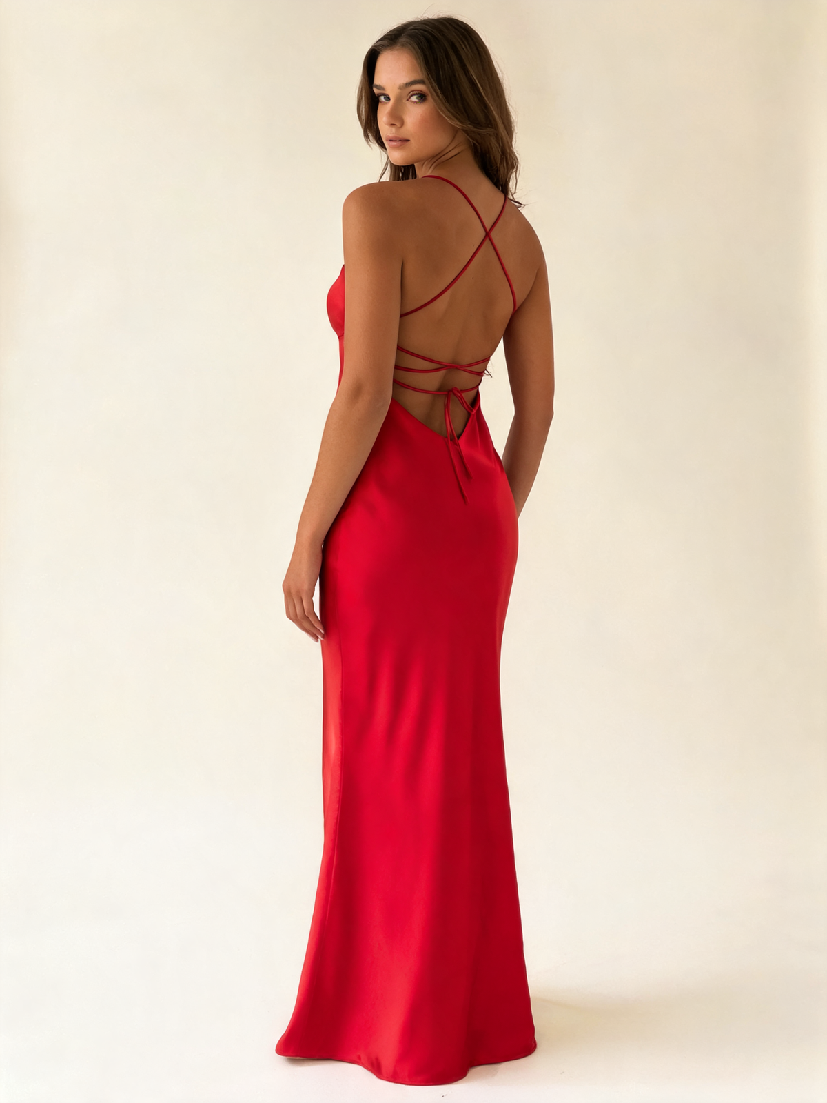 Red Satin Cross Back Maxi Dress