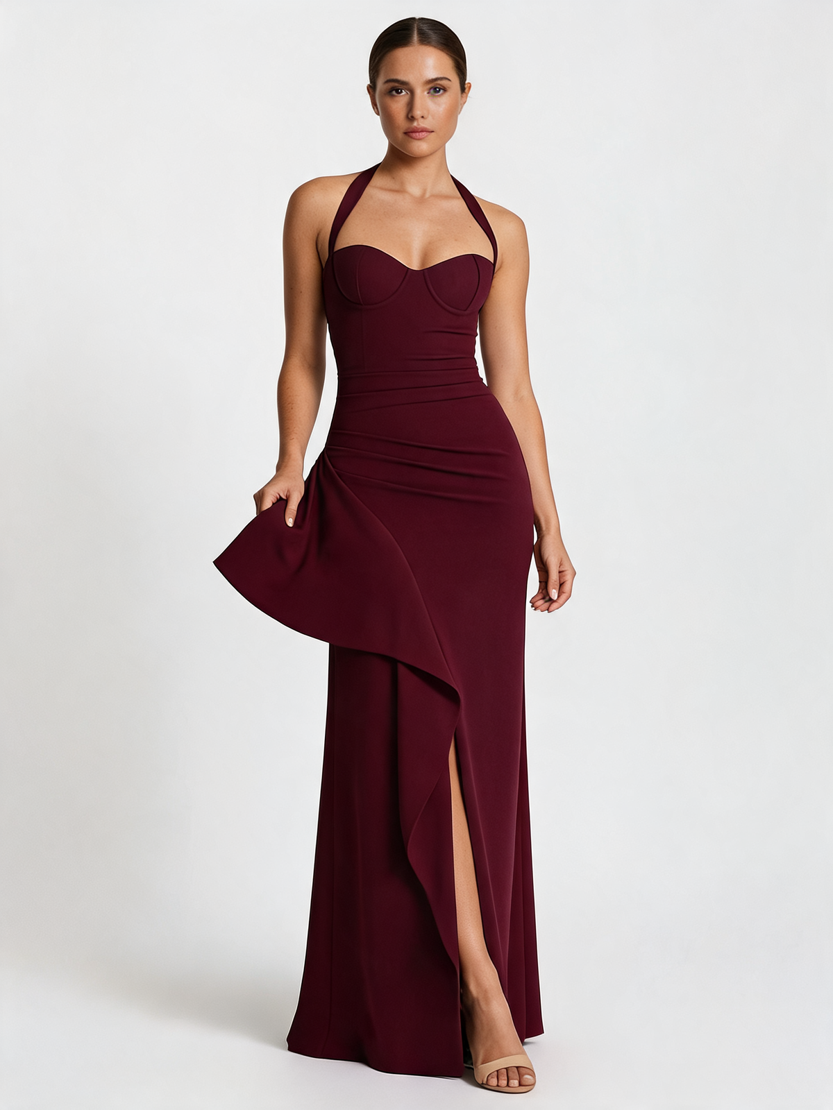 Cherry Red Pleated Halter Maxi Dress
