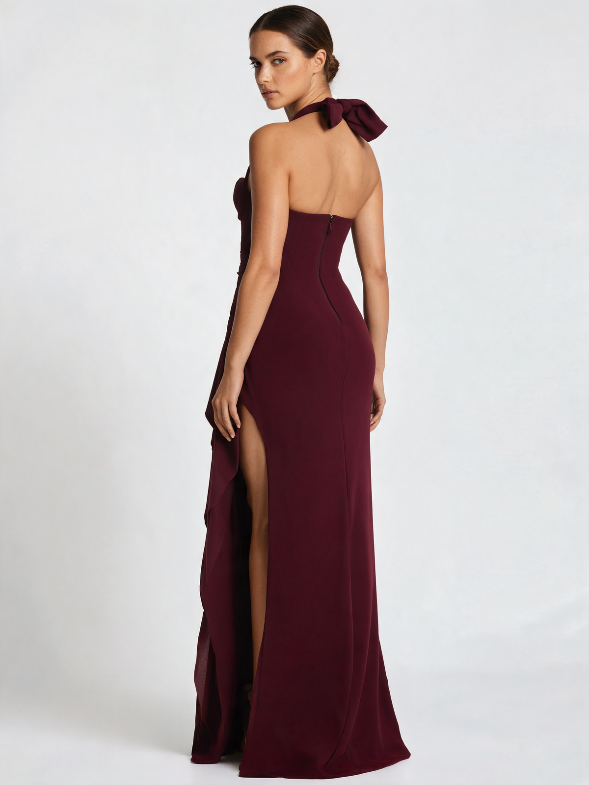 Cherry Red Pleated Halter Maxi Dress