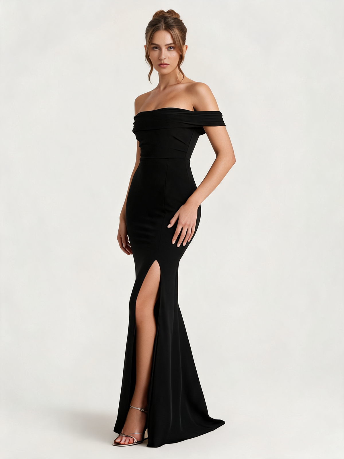 Black Bardot High Split Maxi Dress