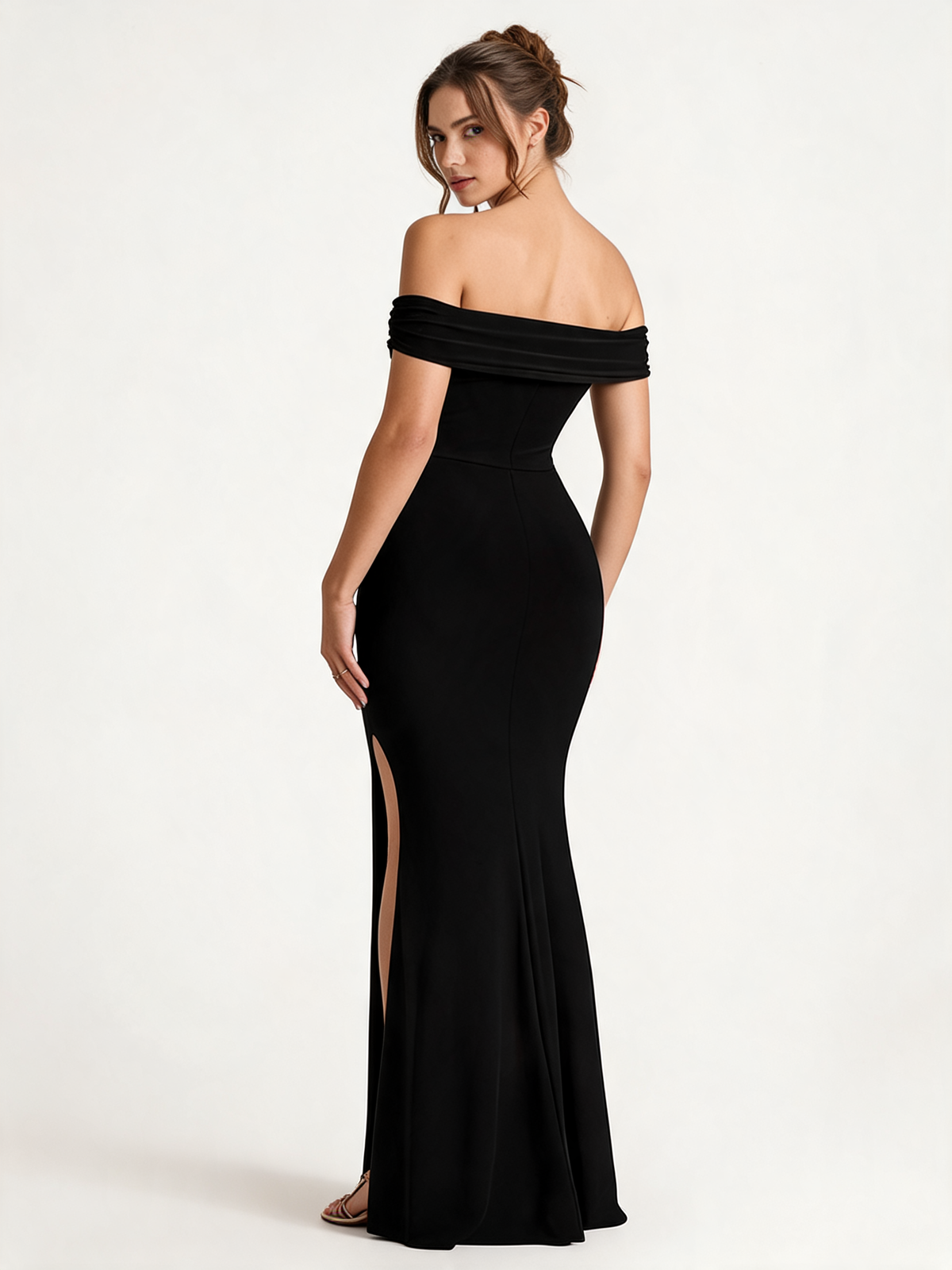 Black Bardot High Split Maxi Dress