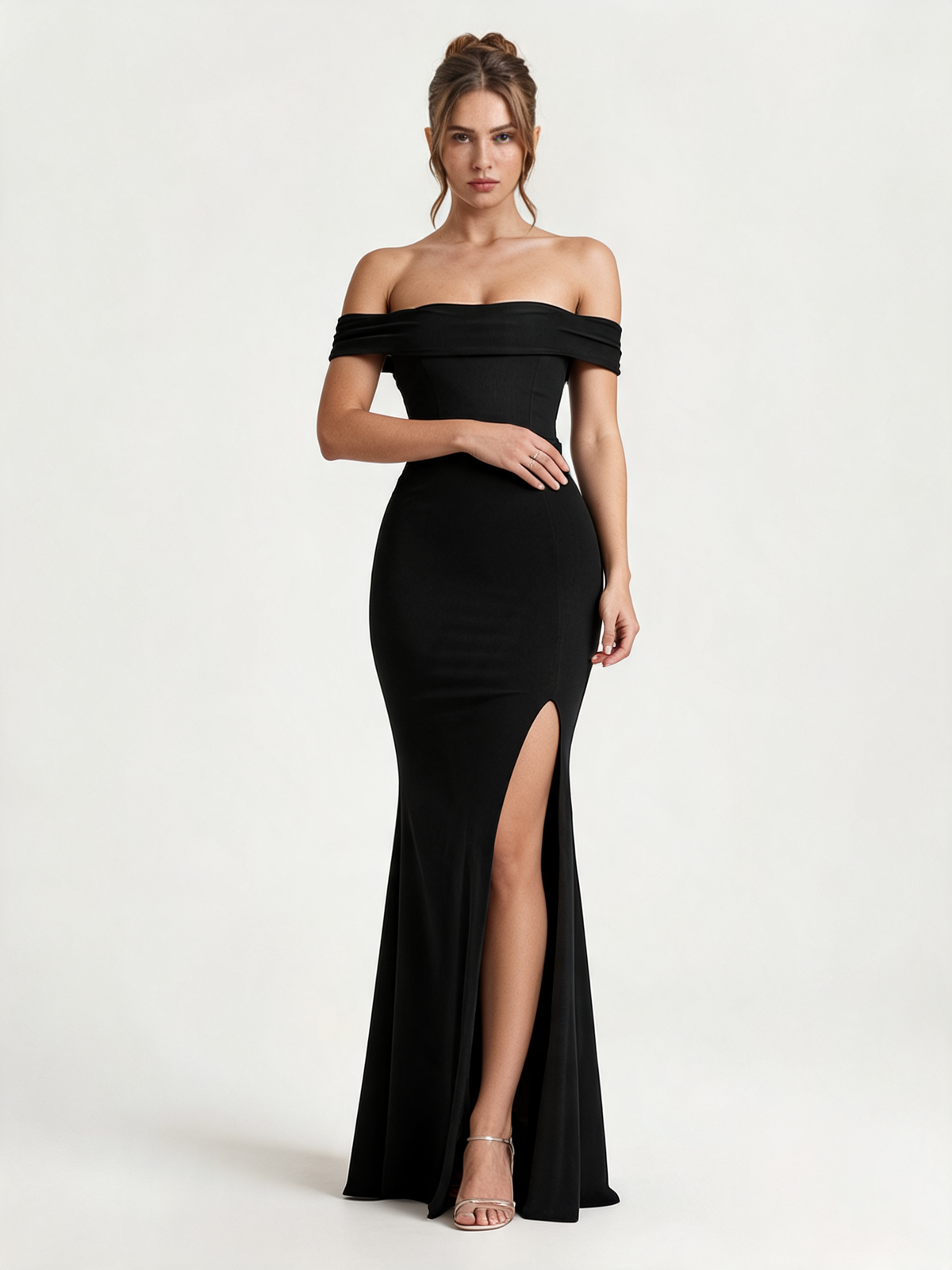 Black Bardot High Split Maxi Dress