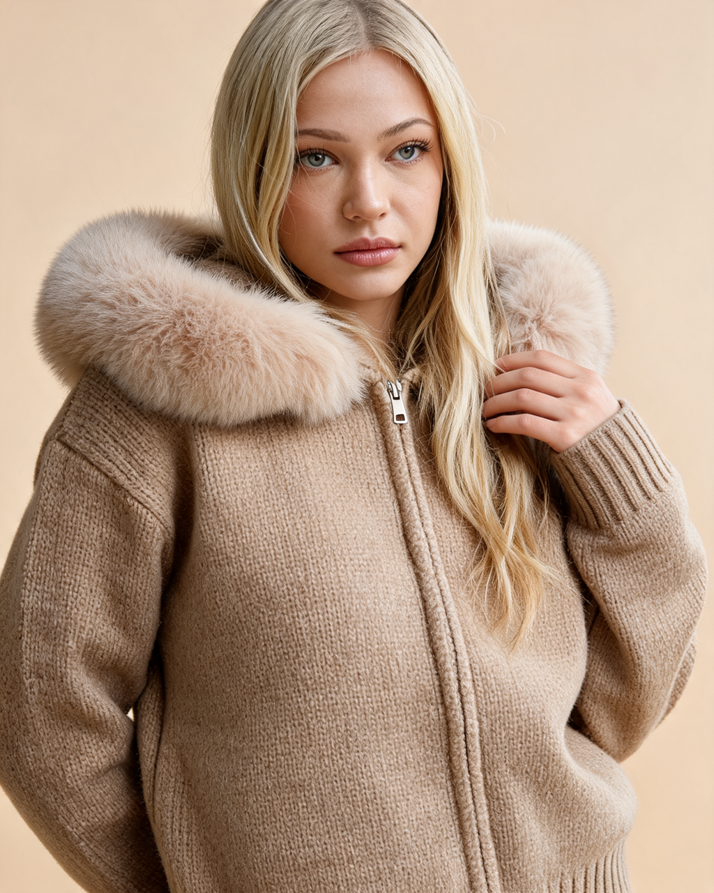 Aubri Faux Fur Hooded Knit Jacket