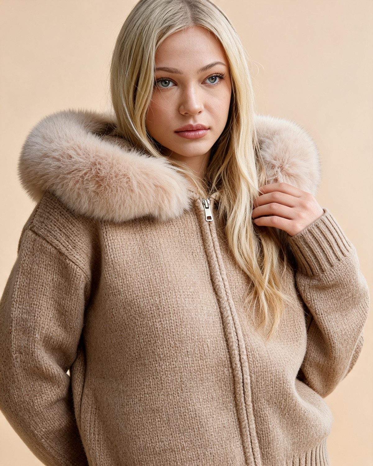 Aubri Faux Fur Hooded Knit Jacket