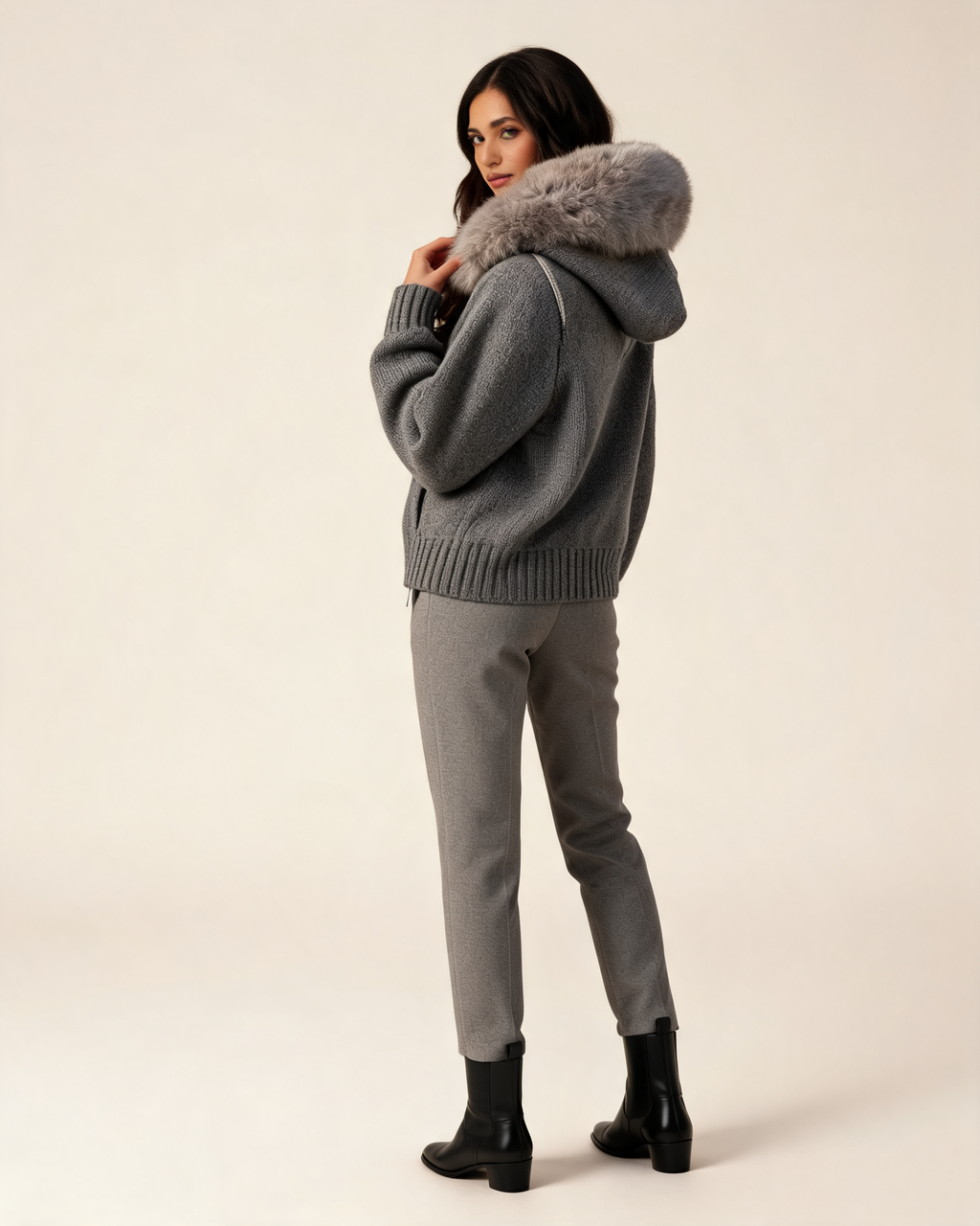 Aubri Faux Fur Hooded Knit Jacket