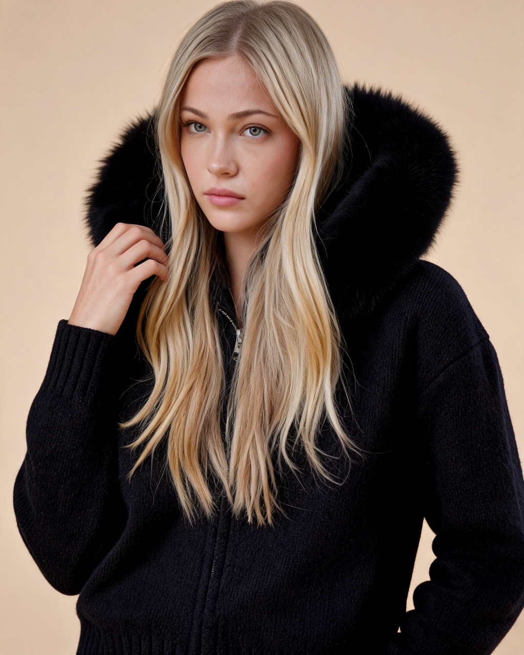 Aubri Faux Fur Hooded Knit Jacket