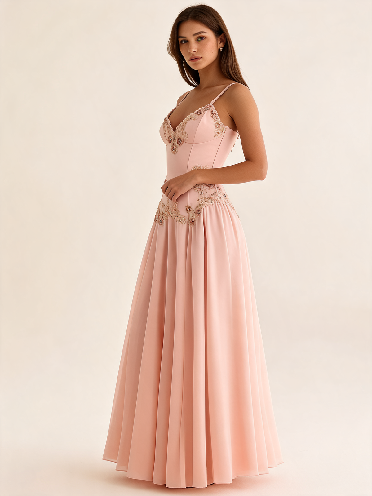 Blush Beaded Satin Maxi Dress Side Split