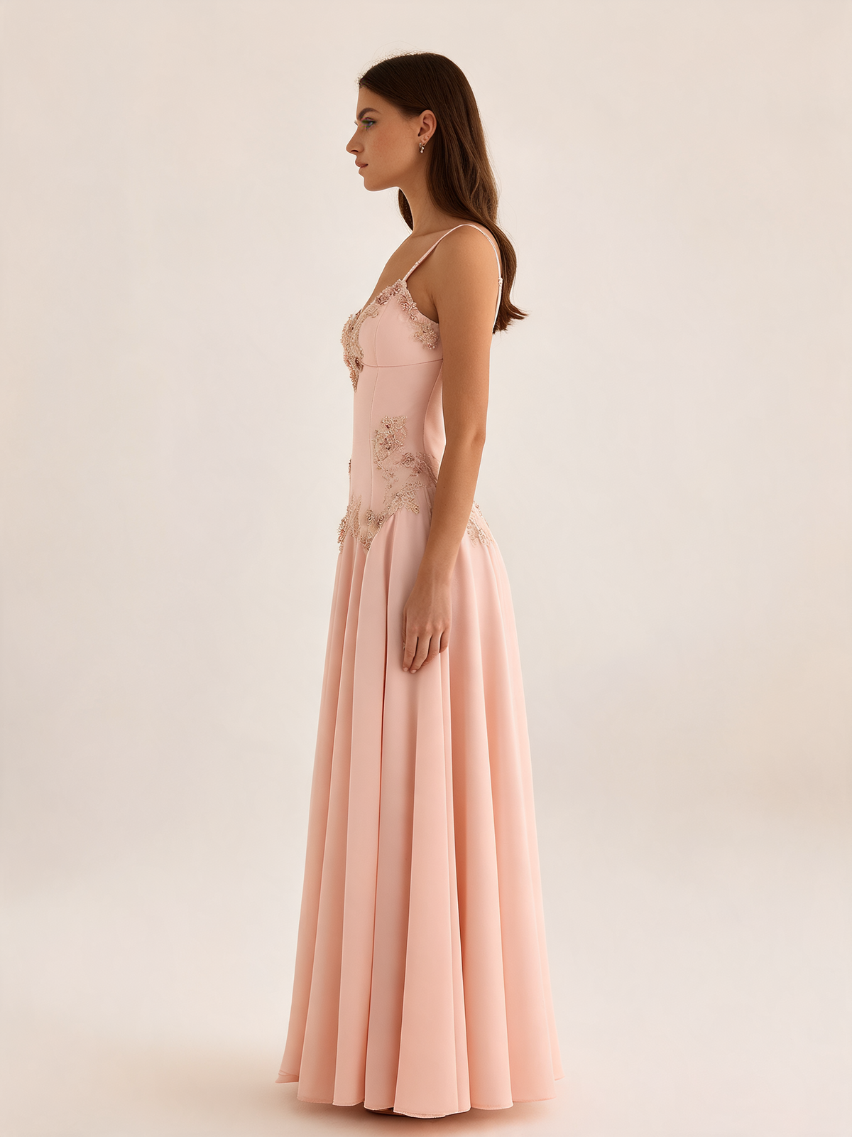 Blush Beaded Satin Maxi Dress Side Split