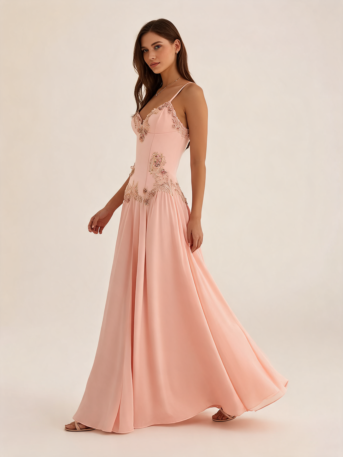 Blush Beaded Satin Maxi Dress Side Split