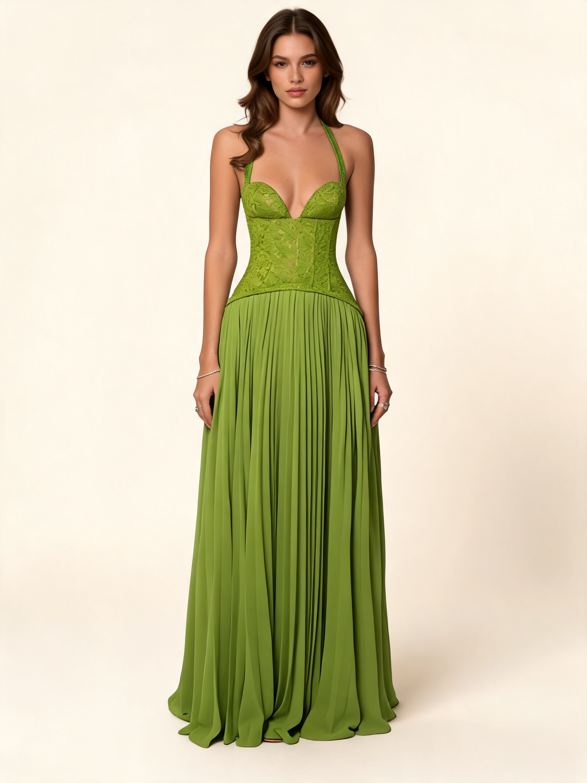 Olive Green Lace Corset Maxi Dress