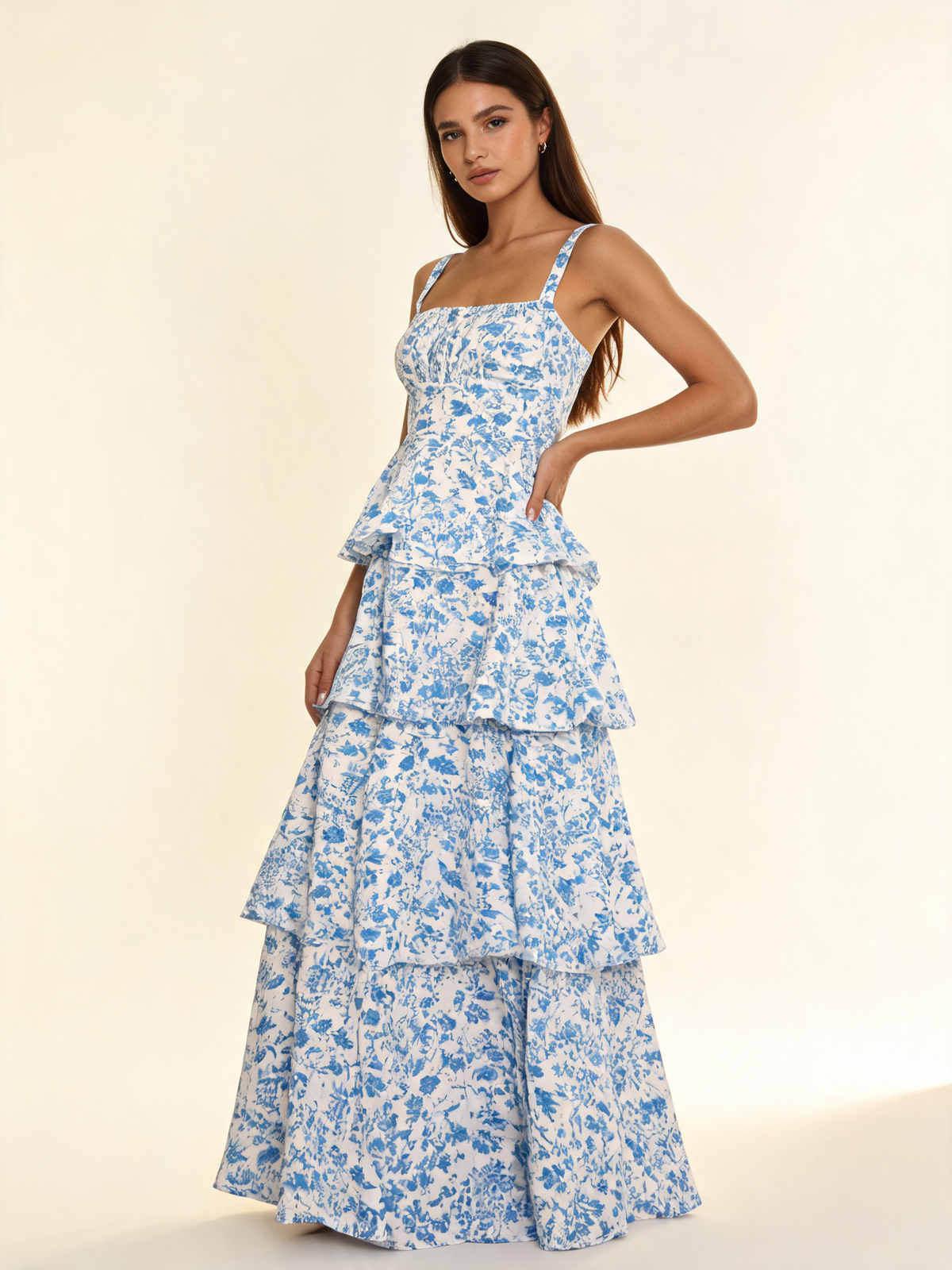 Blue Floral Tiered Midi Dress Tie-Back