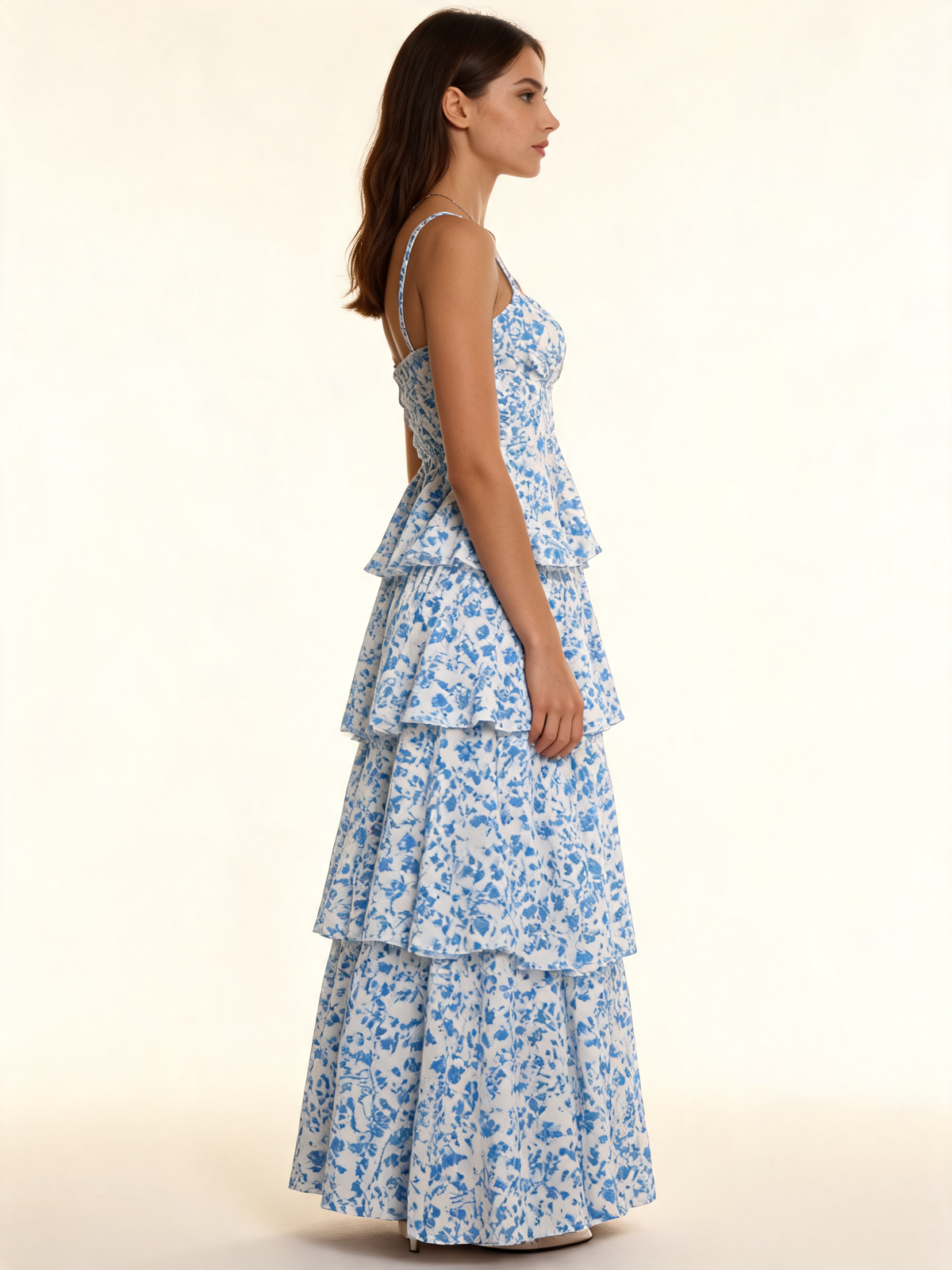Blue Floral Tiered Midi Dress Tie-Back