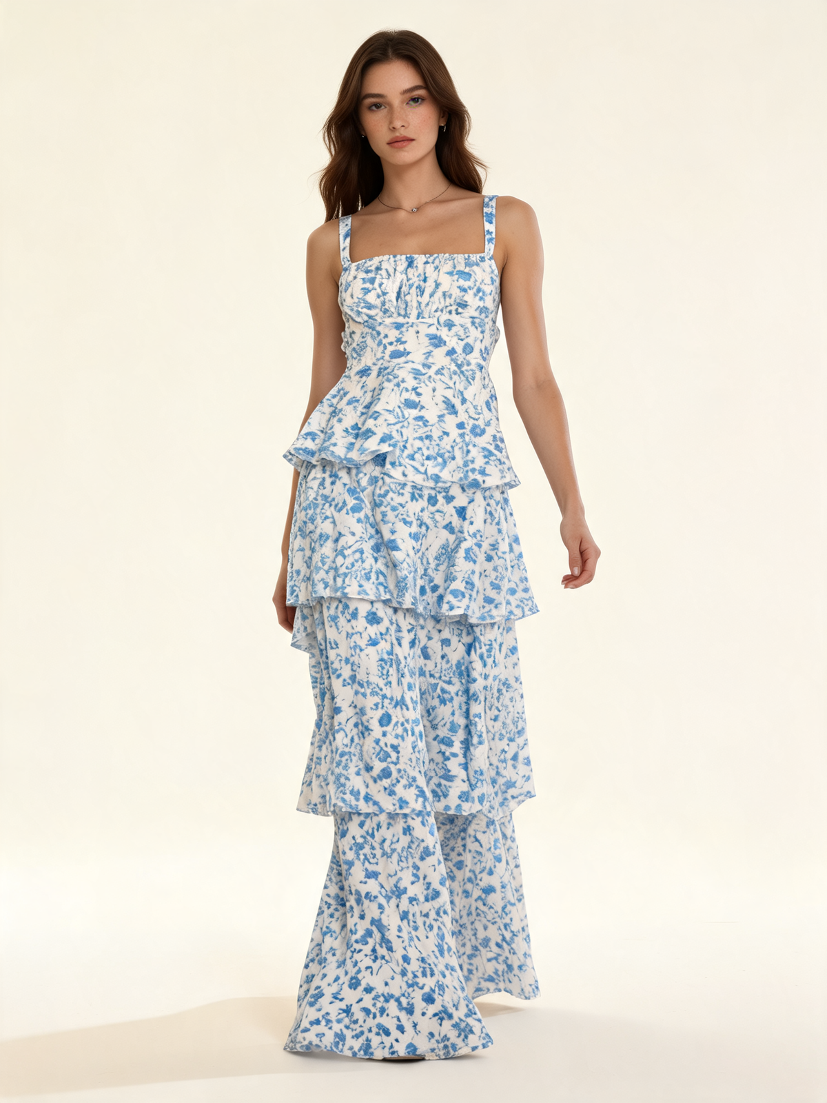 Blue Floral Tiered Midi Dress Tie-Back