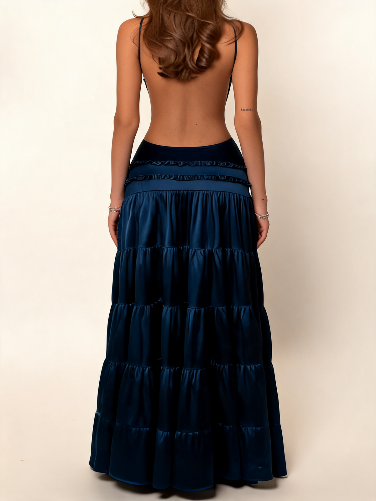 Navy Satin Backless Tiered Maxi Dress