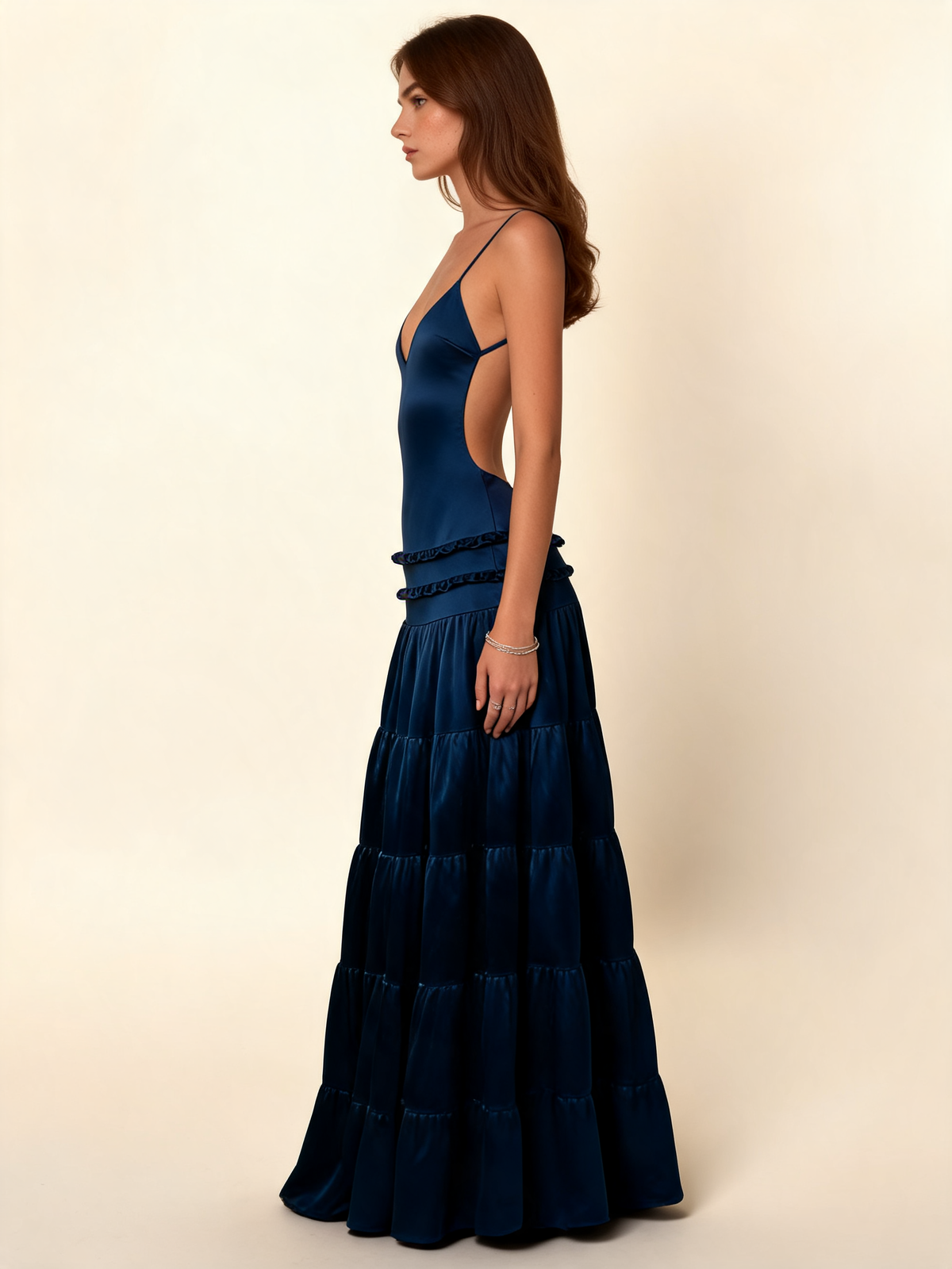 Navy Satin Backless Tiered Maxi Dress