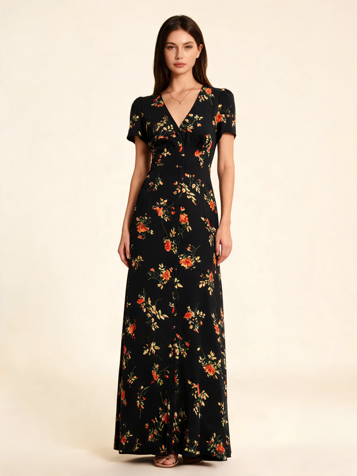 Black Floral V-Neck Short Sleeve Maxi Dress