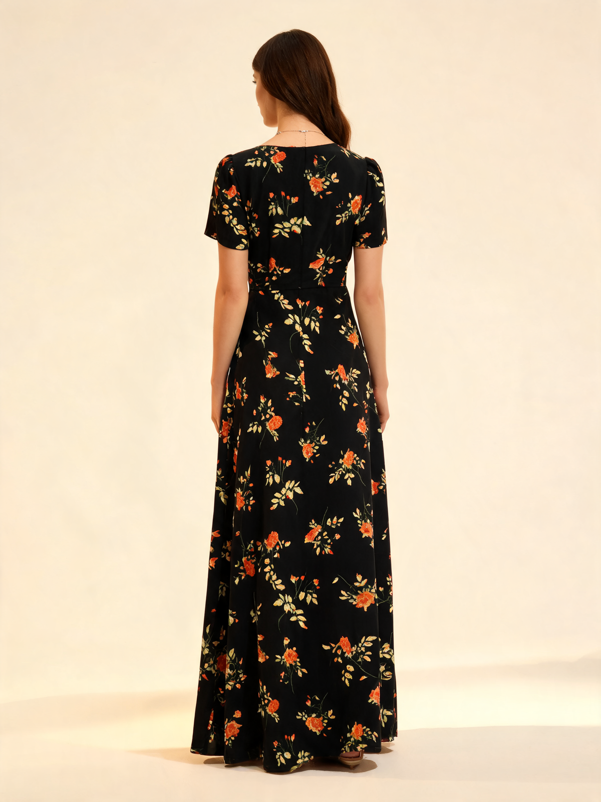Black Floral V-Neck Short Sleeve Maxi Dress