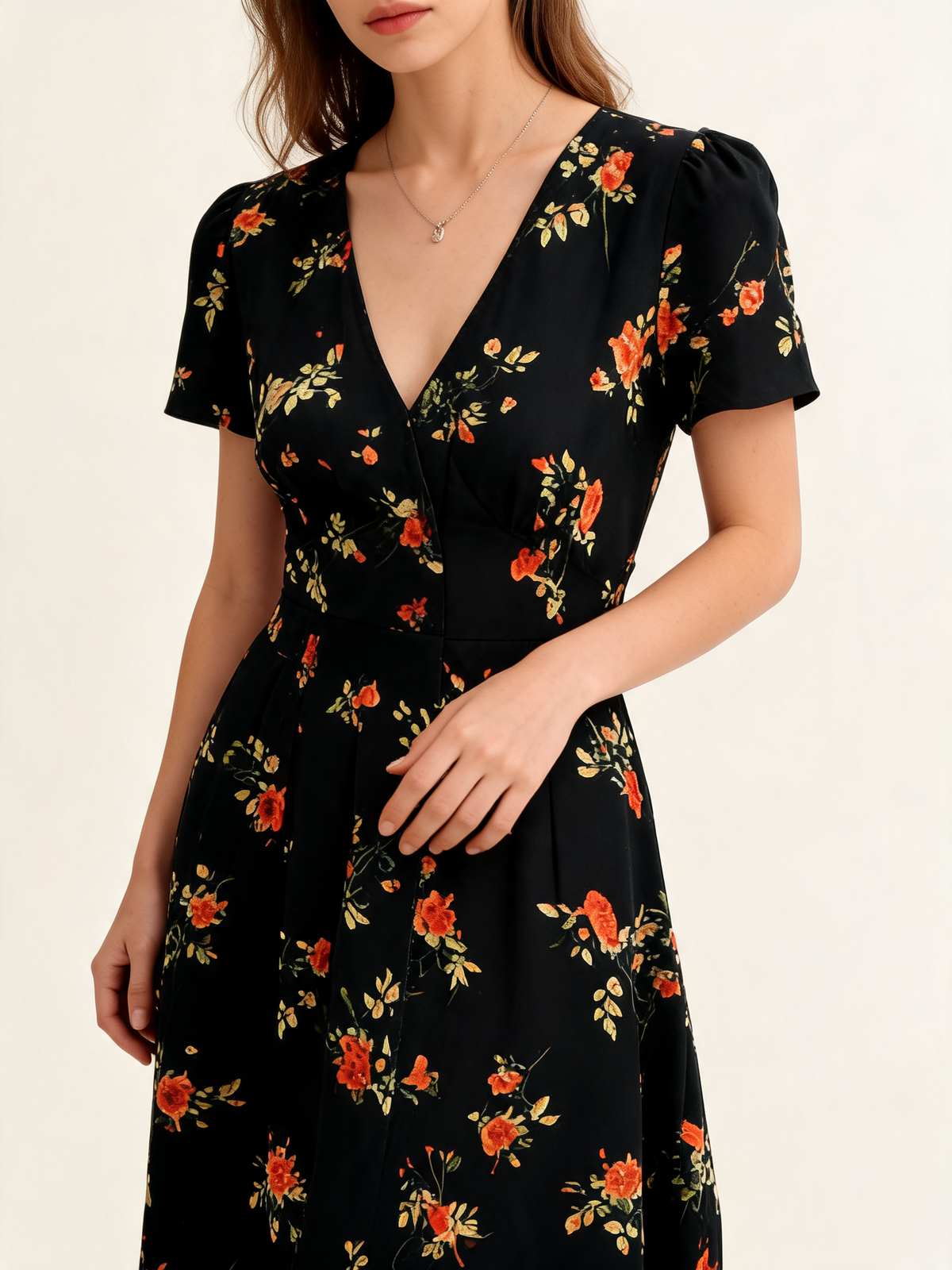 Black Floral V-Neck Short Sleeve Maxi Dress